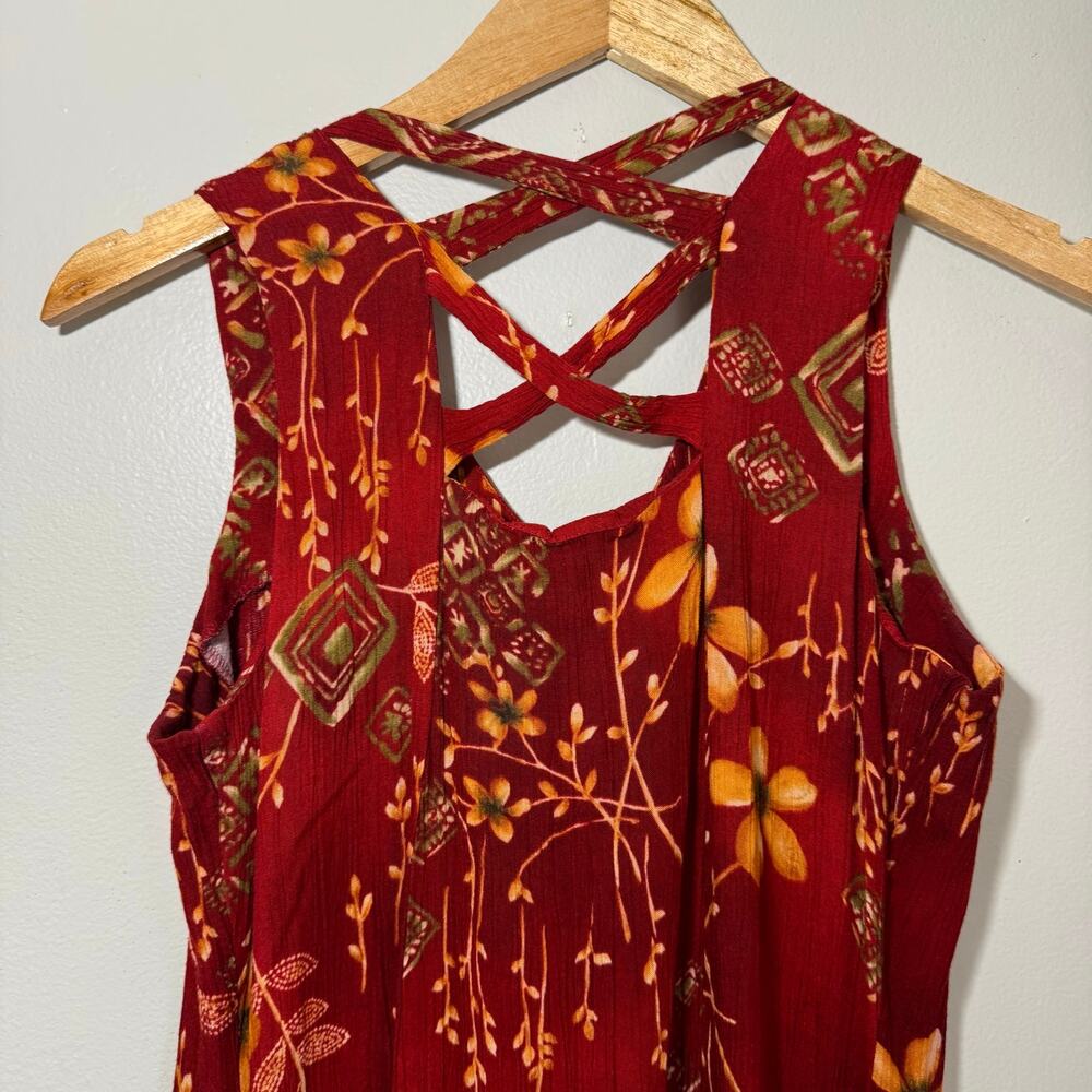 Vintage 90s Dawn Joy Fashions Floral Maxi Dress Criss Cross Back Size 5/6 Red - Picture 8 of 8